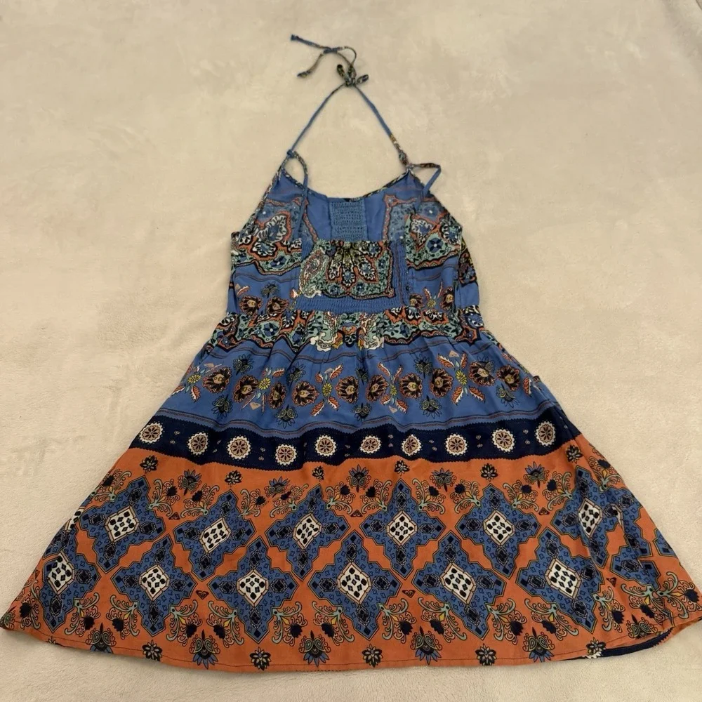 Roxy Crochet Halter Mini‎ Dress Size XS Blue Multi Beachy Boho Summer Pockets